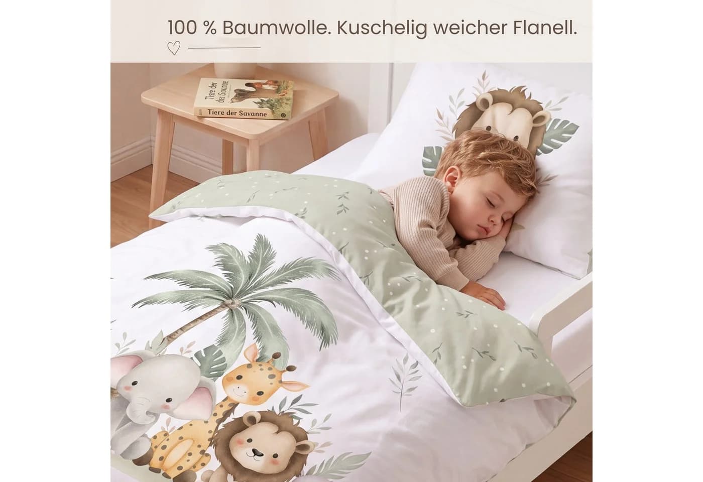 MTOnlinehandel Babybettwäsche Safari 100x135 cm Flanell Weiß/Grün - Bild 3