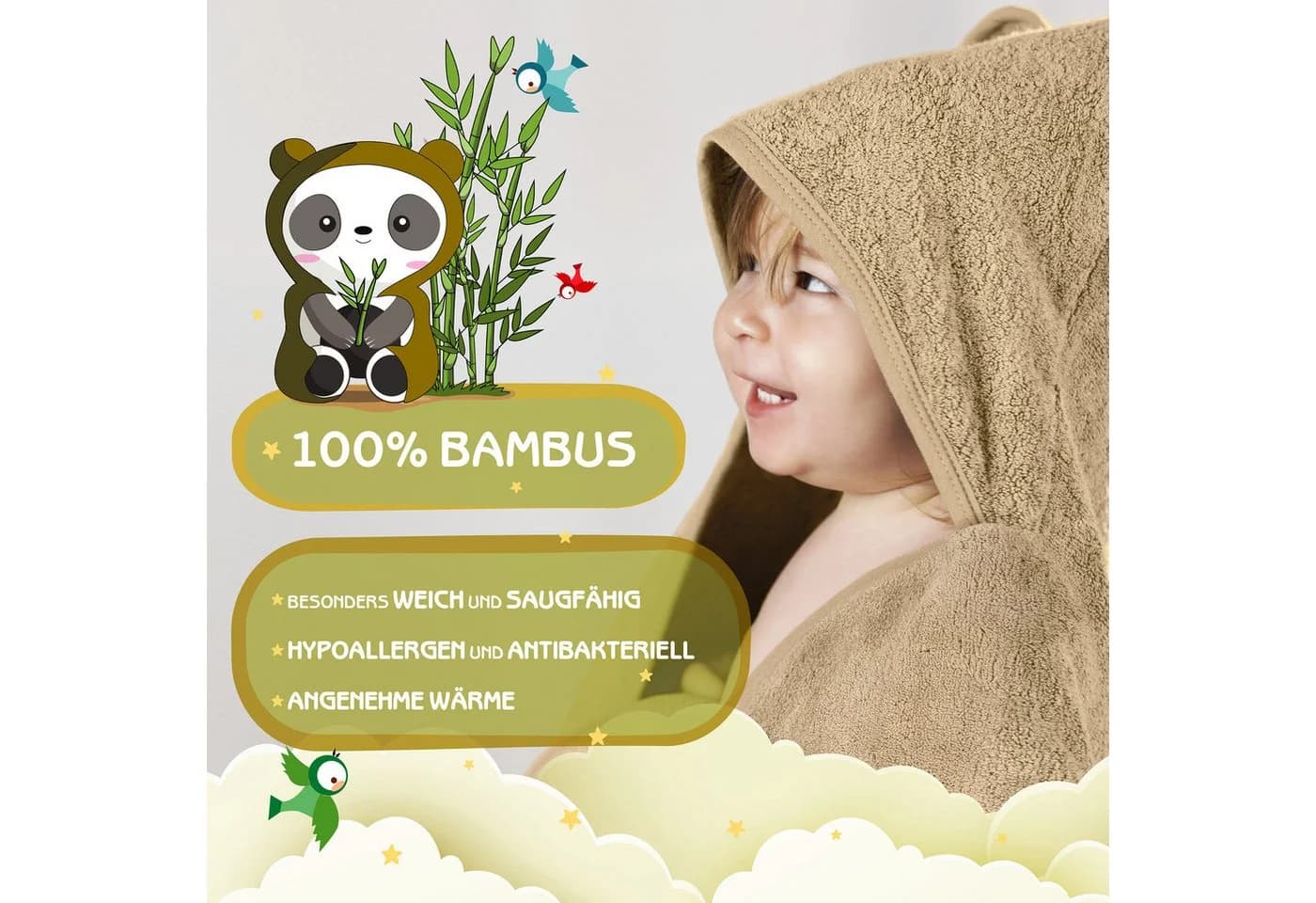 Fuchs & Panda Kapuzenhandtuch Baby EXTRA dick warm beige 100% Bambus