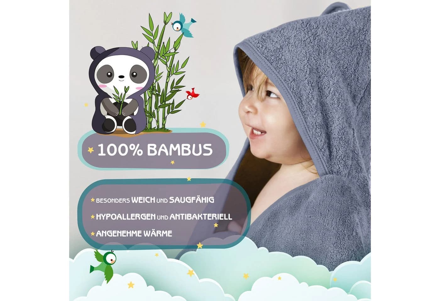 Fuchs & Panda Kapuzenhandtuch Baby 100% Bambus Blau-Grau