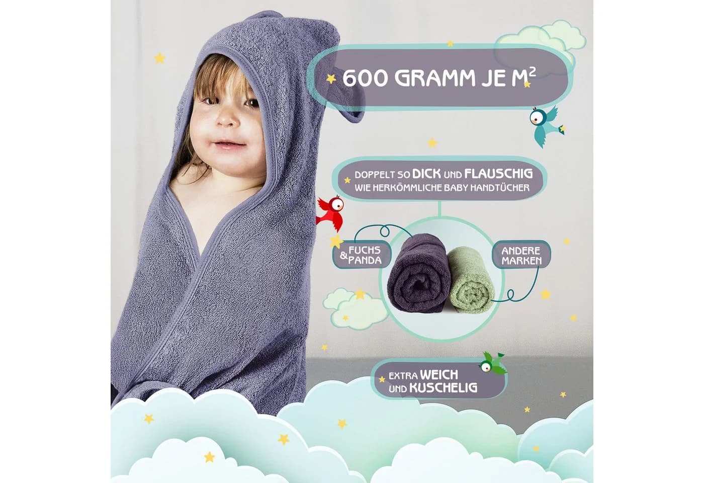 Fuchs & Panda Kapuzenhandtuch Baby 100% Bambus Blau-Grau - Bild 3