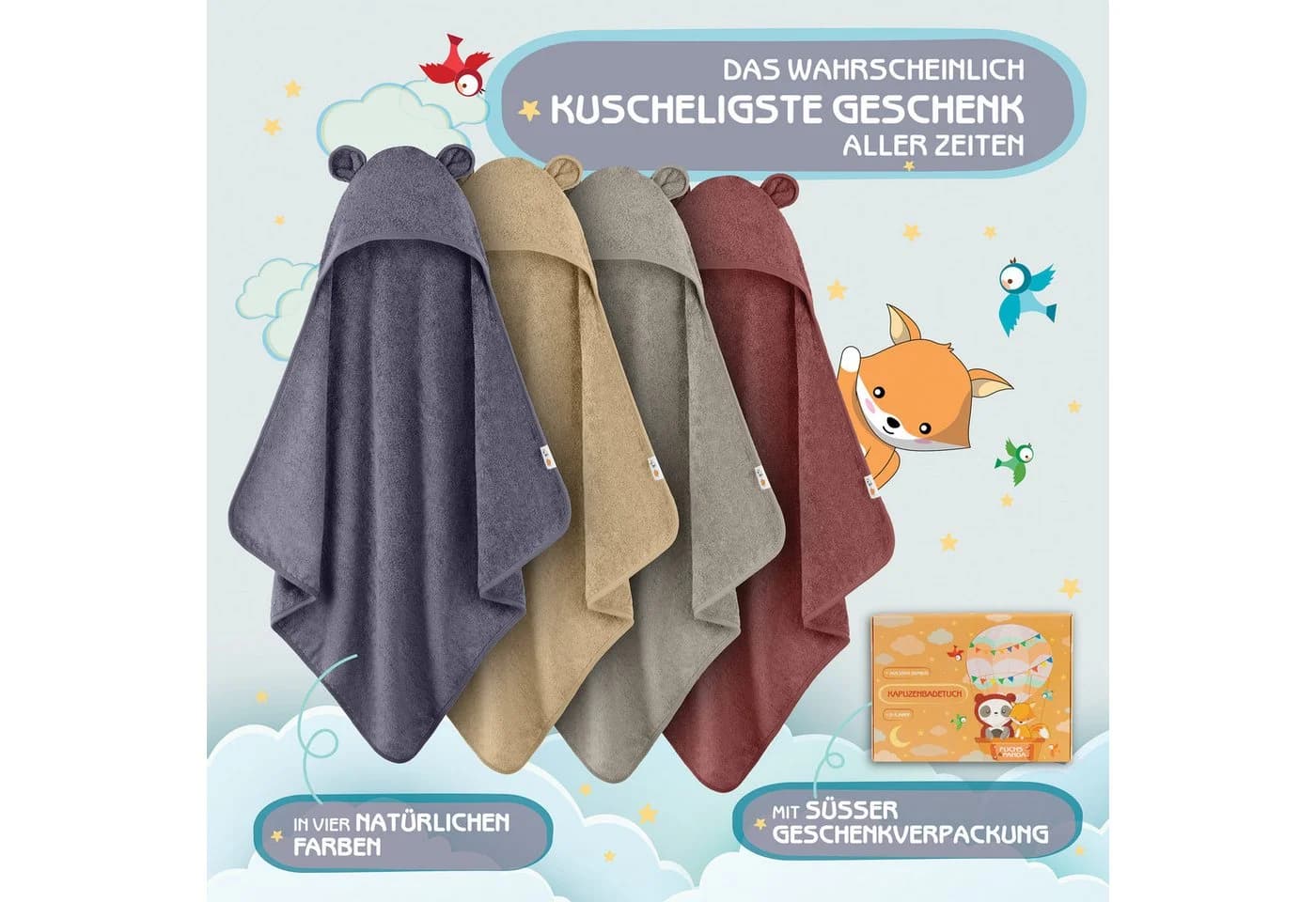 Fuchs & Panda Kapuzenhandtuch Baby 100% Bambus Blau-Grau - Bild 5