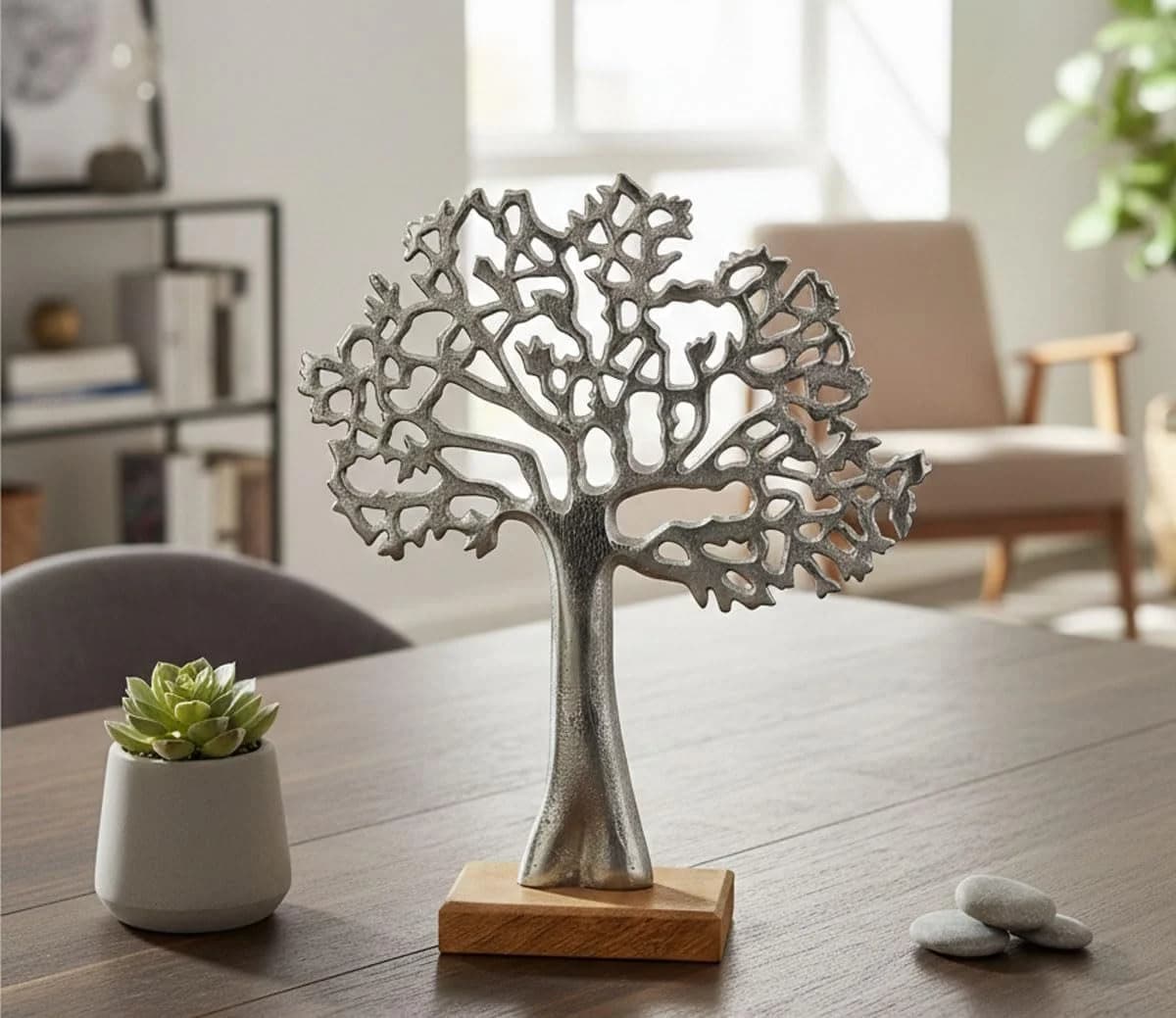 LB H&F Lilienburg Dekofigur Baum des Lebens Silber Alu Holzsockel