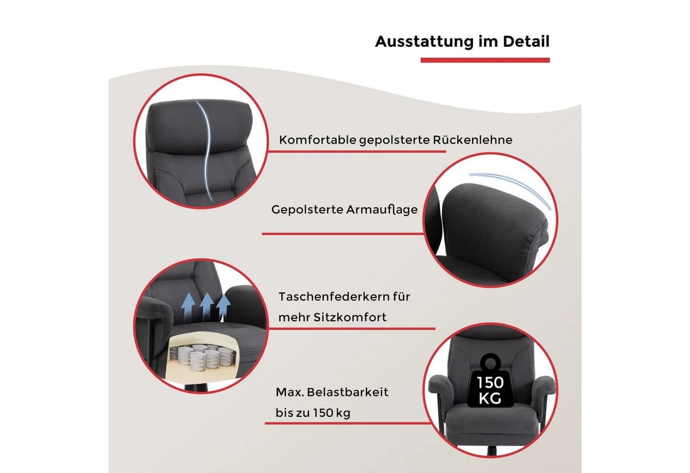 Chefsessel Tiago XXL Anthrazit Schwarz Drehstuhl mit Wippfunktion - Bild 3