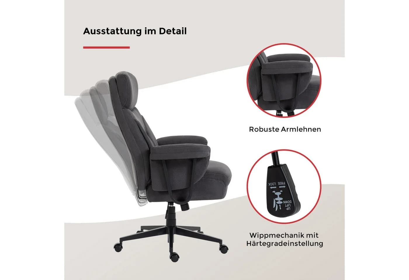 Chefsessel Tiago XXL Anthrazit Schwarz Drehstuhl mit Wippfunktion - Bild 4
