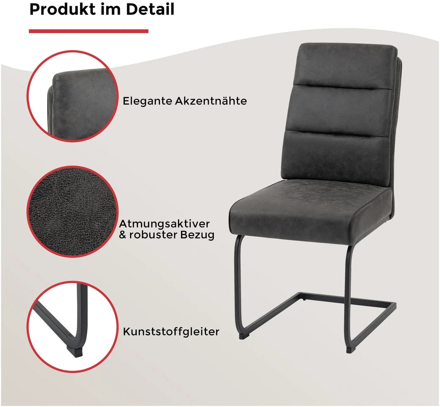 Duo Collection Esszimmerstuhl Marga Freischwinger 2er-Set Grau Microfaser - Bild 3