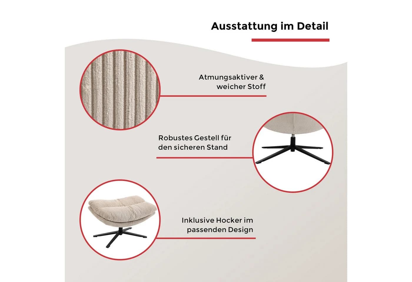 Relaxsessel DUO COLLECTION Porto Beige mit Hocker - Bild 3