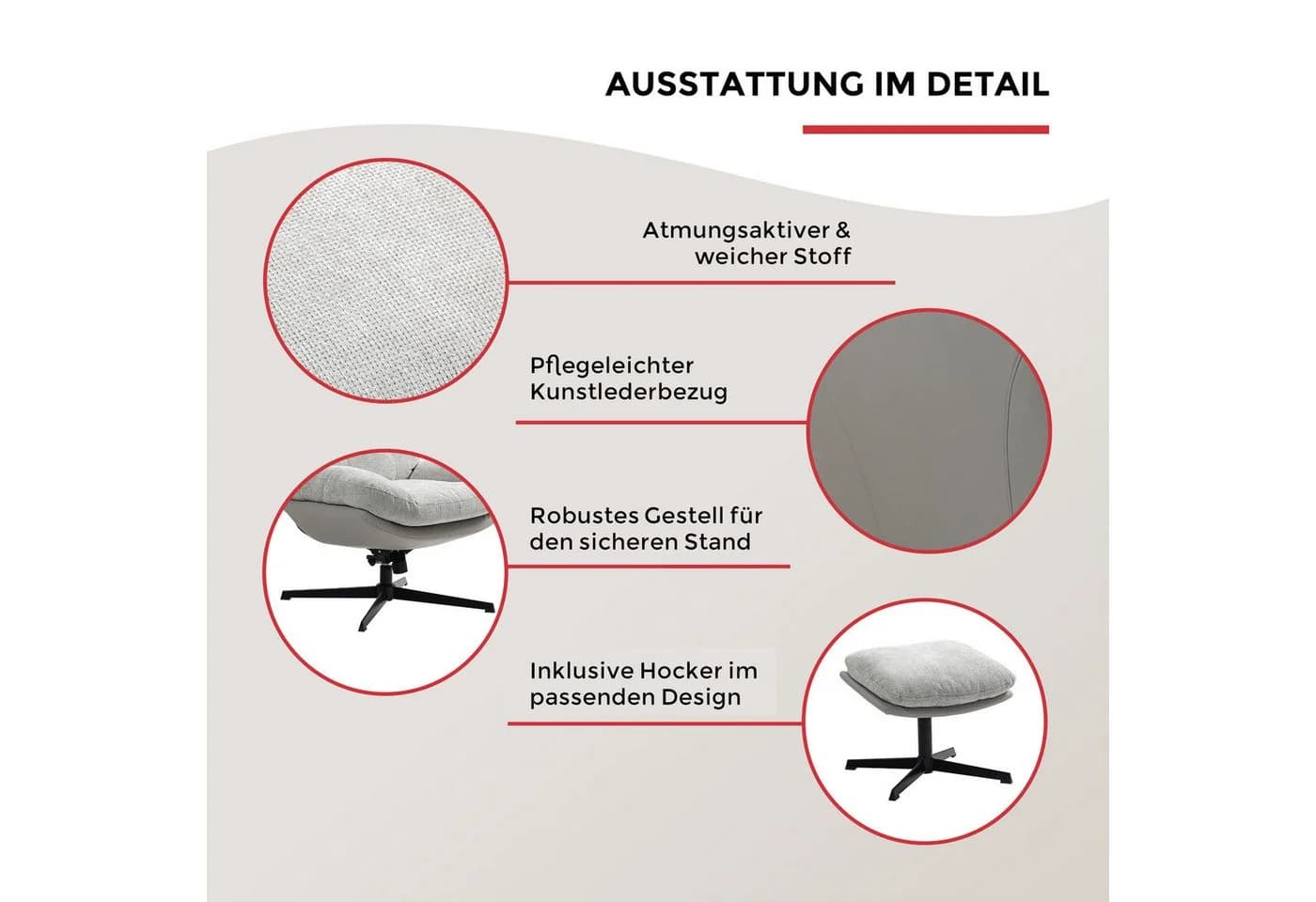 Duo Collection Relaxsessel Tolox mit Hocker Grau Taupe - Bild 4