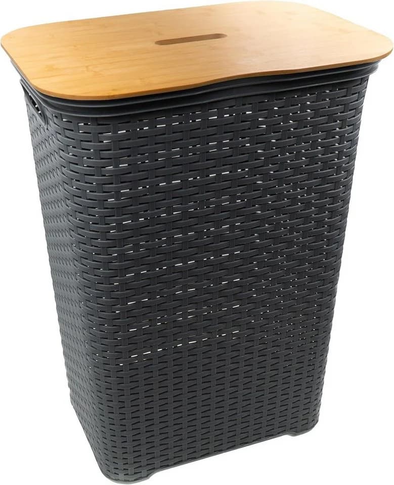 hrb Wäschebox Wäschekorb mit Bambus Deckel 65 Liter Anthrazit Rattanoptik