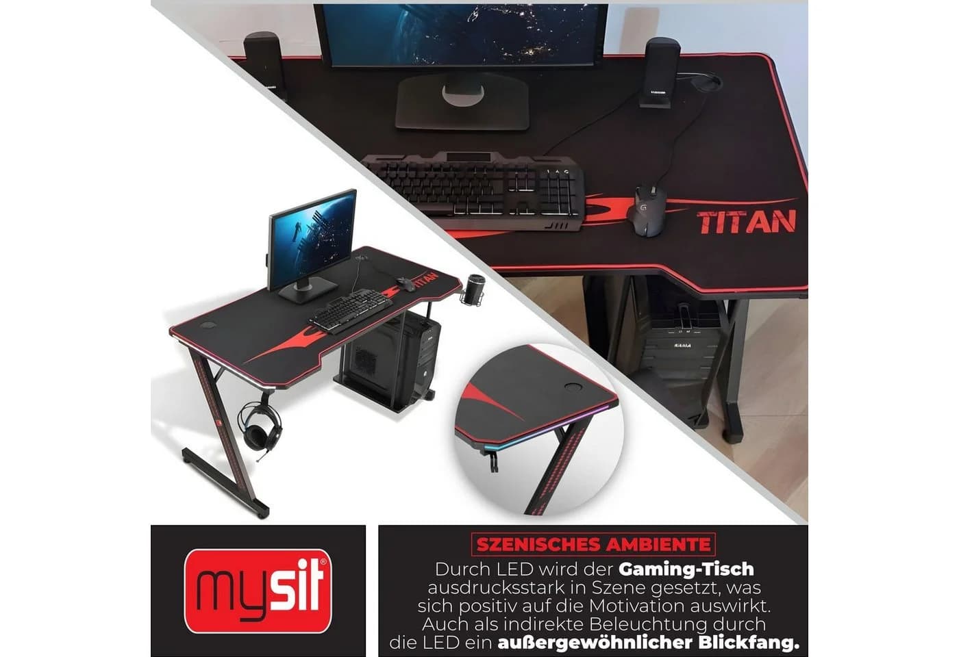 MY SIT Gaming Tisch 140 cm TITAN mit LED Beleuchtung und Mauspad - Bild 5