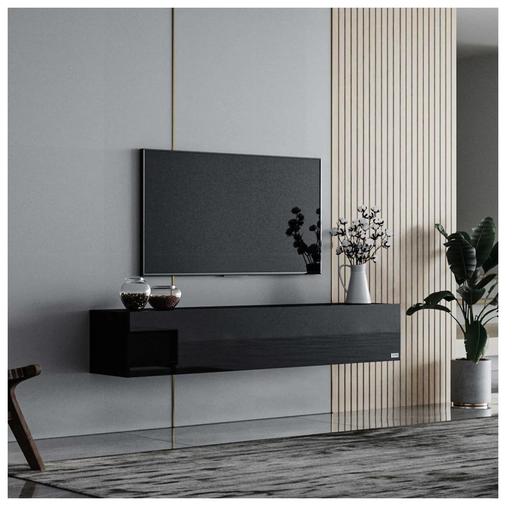 Makika TV Lowboard Fernsehtisch Schwarz Hochglanz Wandmontage