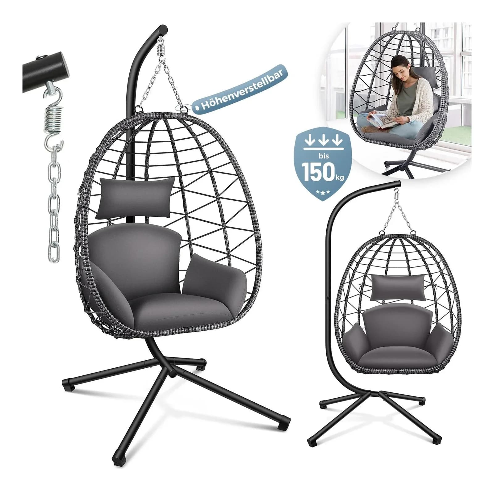 Makika Hängesessel mit Gestell höhenverstellbar Polyrattan Grau