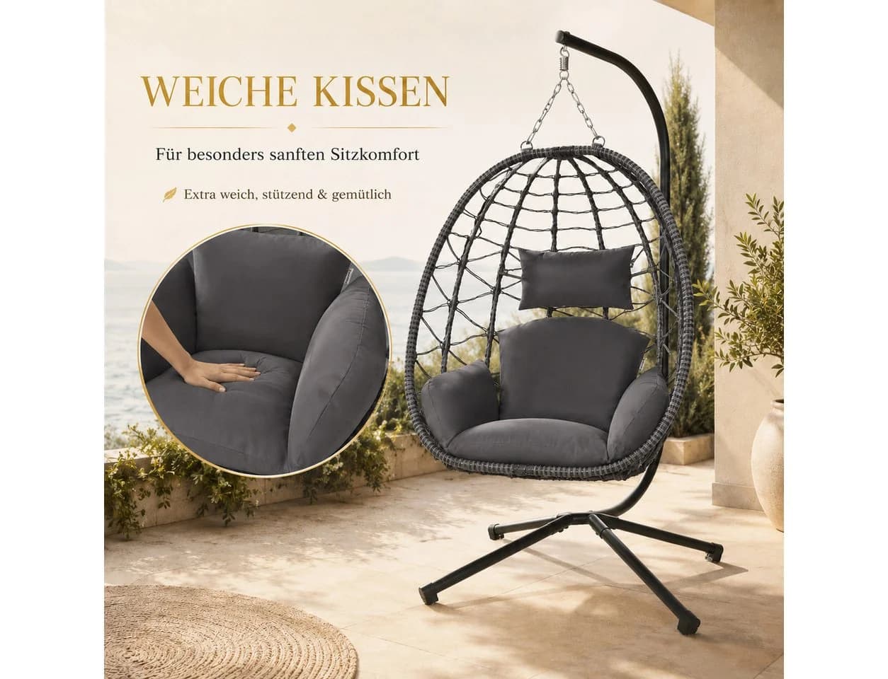 Makika Hängesessel mit Gestell höhenverstellbar Polyrattan Grau - Bild 2