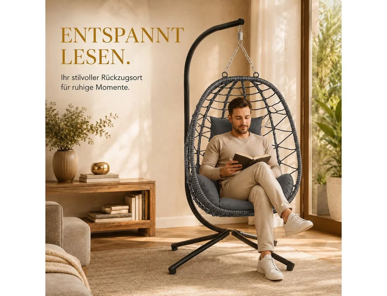 Makika Hängesessel mit Gestell höhenverstellbar Polyrattan Grau - Bild 4