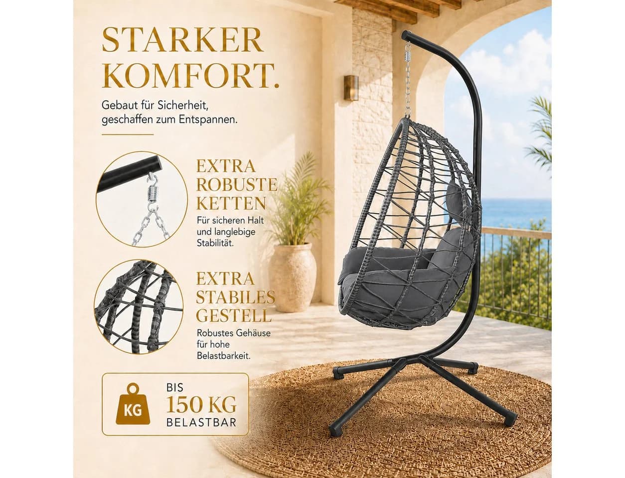 Makika Hängesessel mit Gestell höhenverstellbar Polyrattan Grau - Bild 5