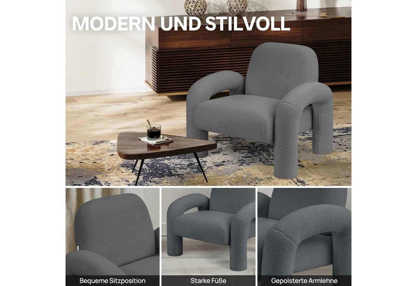 Makika Loungesessel Lia Grau Bouclé Armlehnstuhl Modern - Bild 2