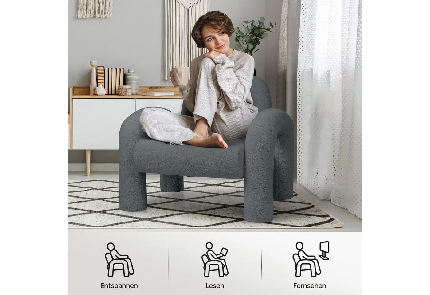 Makika Loungesessel Lia Grau Bouclé Armlehnstuhl Modern - Bild 4
