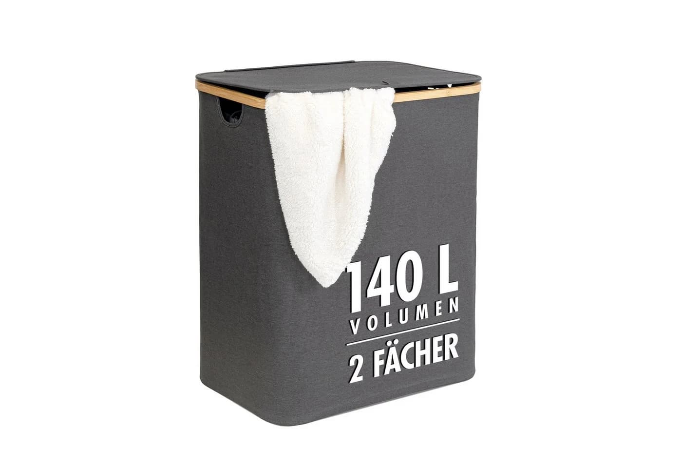 tasir Wäschebox Wäschekorb 140 Liter Grau Bambus-Rahmen 2 Fächer - Bild 2
