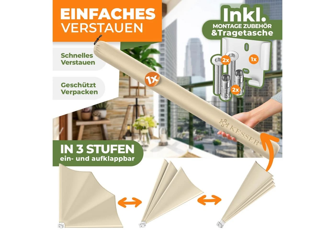 KESSER® Balkonfächer klappbar mit Wandhalterung 140x140cm Sichtschutz - Bild 5