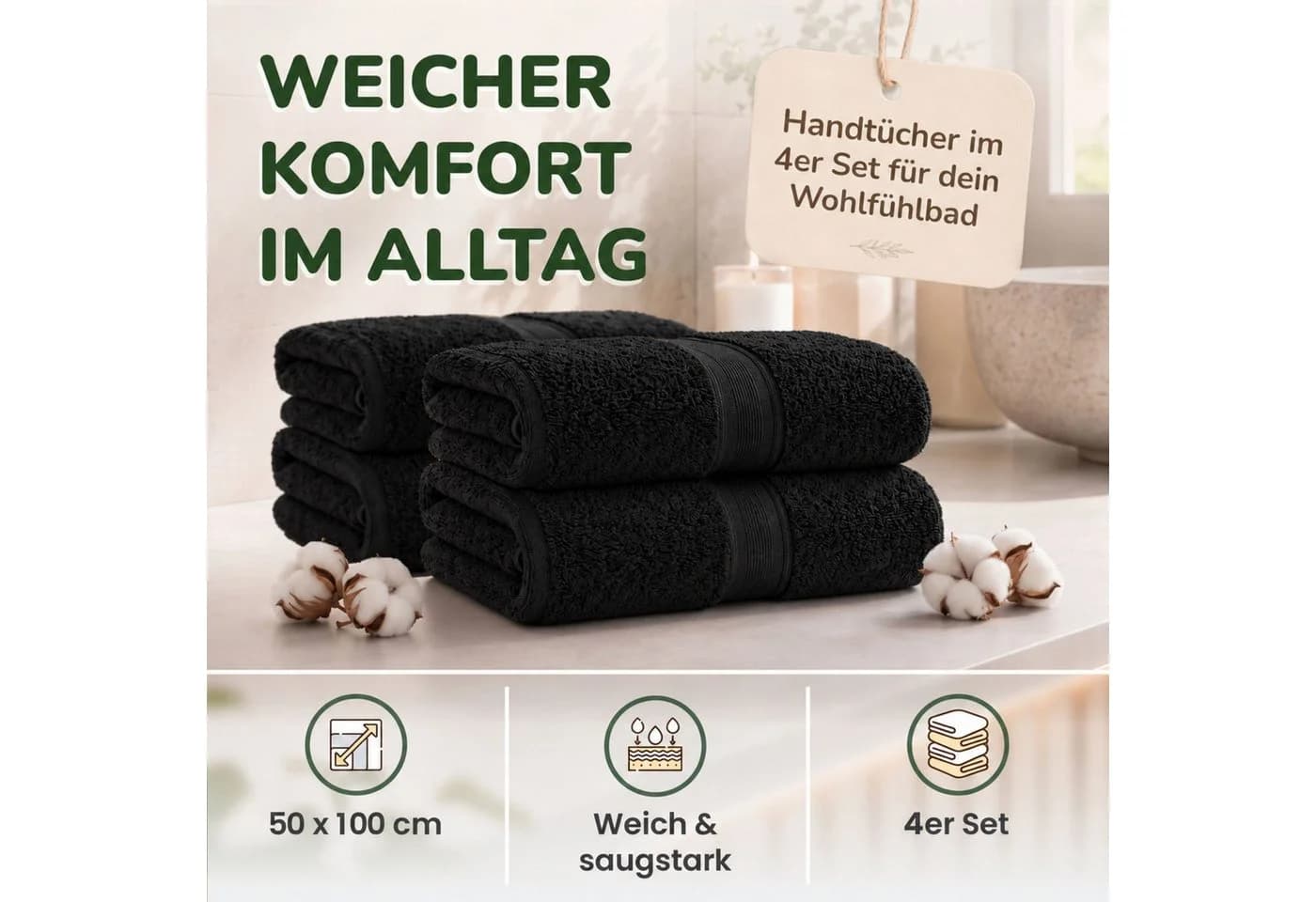 leevitex® Handtuch Frottee 4er Set Schwarz 100% Baumwolle