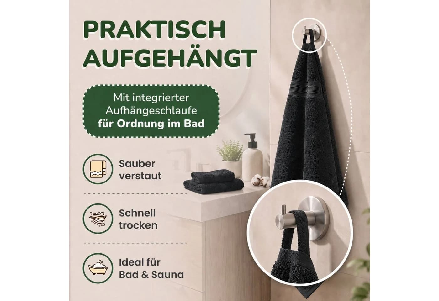 leevitex® Handtuch Frottee 4er Set Schwarz 100% Baumwolle - Bild 5