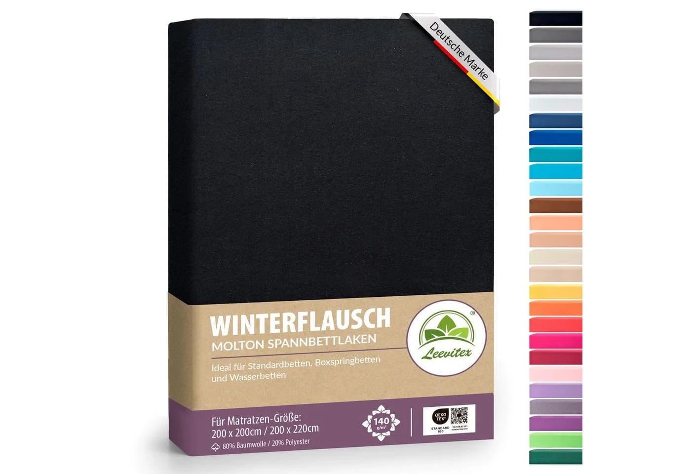 leevitex® Spannbettlaken Thermo-Fleece Schwarz Rundumgummizug - Bild 2