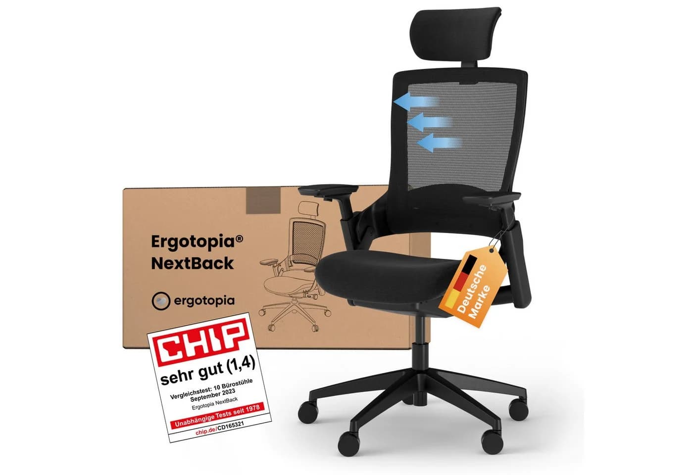 Ergotopia NextBack Bürostuhl Schwarz mit 3D Armlehnen & Kopfstütze - Bild 2