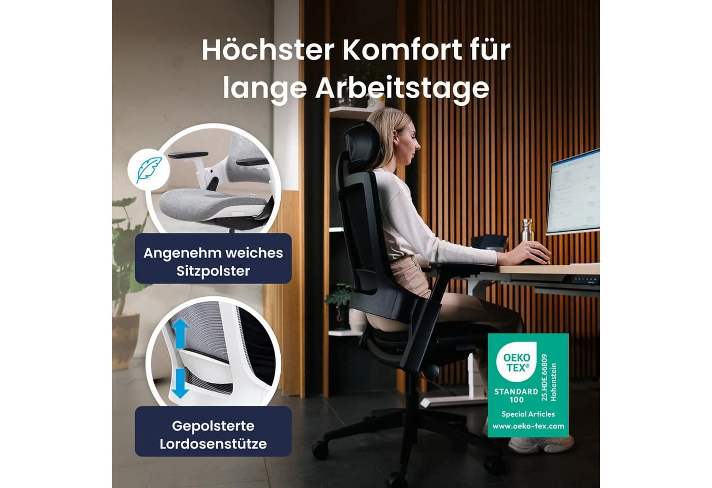 Ergotopia NextBack Bürostuhl Schwarz mit 3D Armlehnen & Kopfstütze - Bild 3