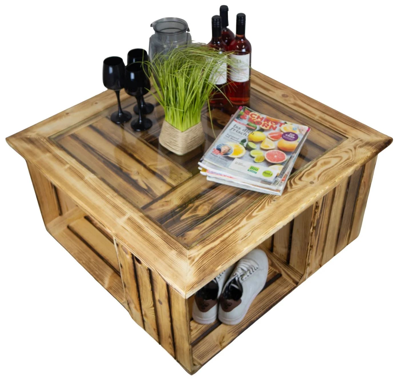 Kistenkolli Altes Land Allzweckkiste Glasplatte mit Holzrahmen geflammt 85x85cm - Bild 3