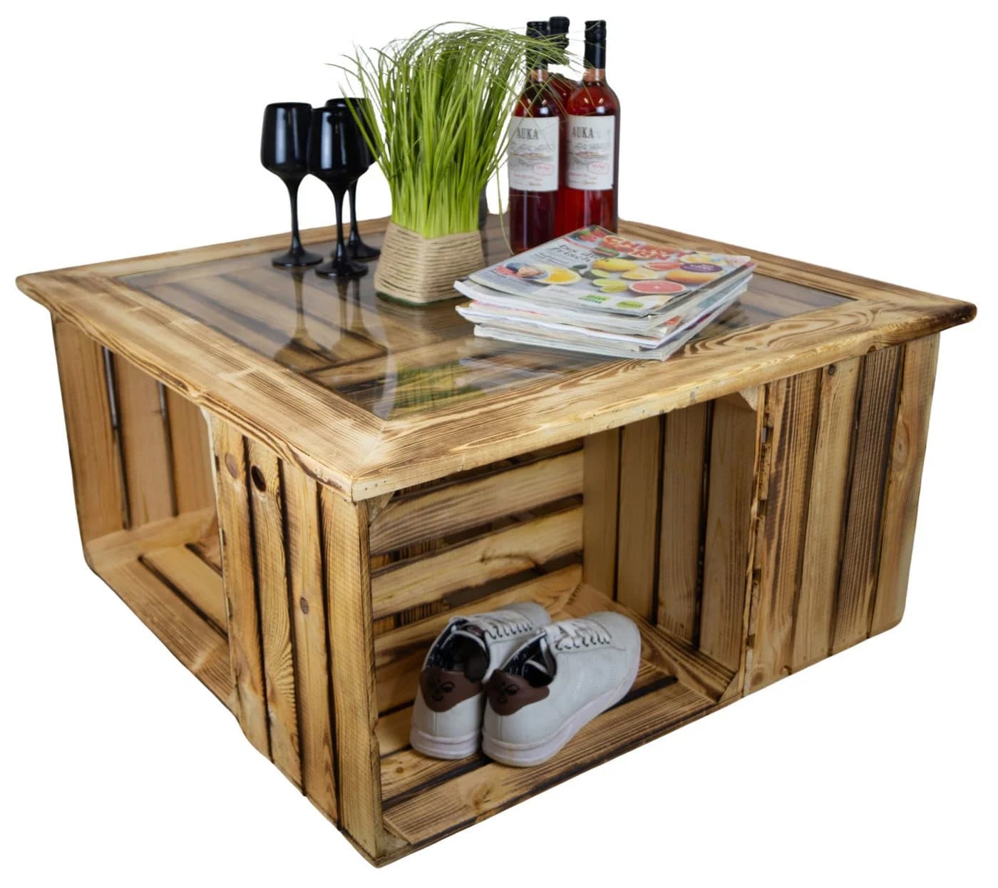 Kistenkolli Altes Land Allzweckkiste Glasplatte mit Holzrahmen geflammt 85x85cm - Bild 4