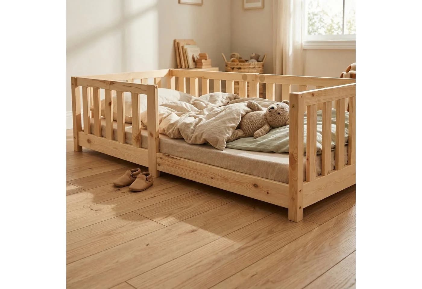 ecoMI Kinderbett mit Rausfallschutz & Lattenrost Weiß/Natur