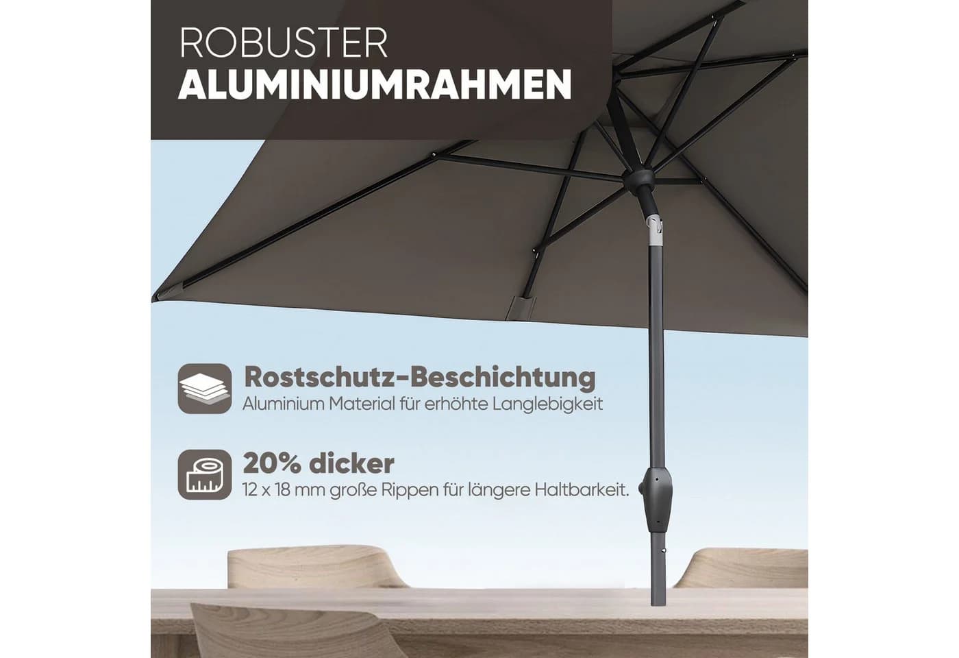 Sekey Aluminium Sonnenschirm Rechteckig Braun mit Kurbel - Bild 3