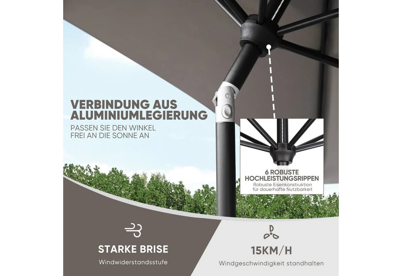Sekey Aluminium Sonnenschirm Rechteckig Braun mit Kurbel - Bild 4