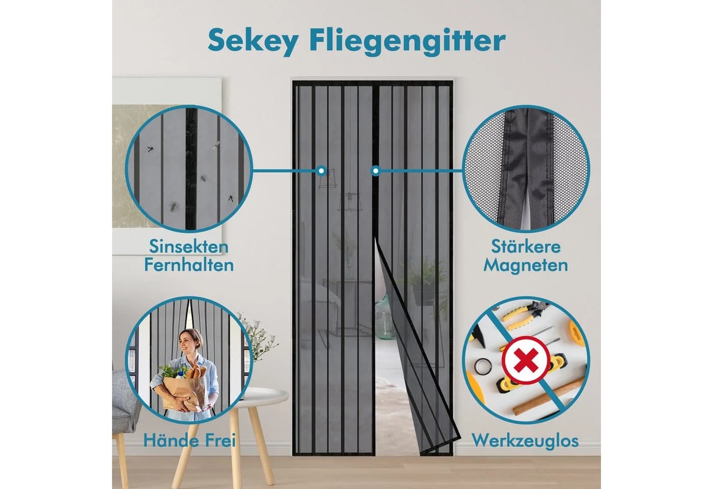 Sekey Magnetisches Fliegengitter für Balkontür Schwarz Ohne Bohren
