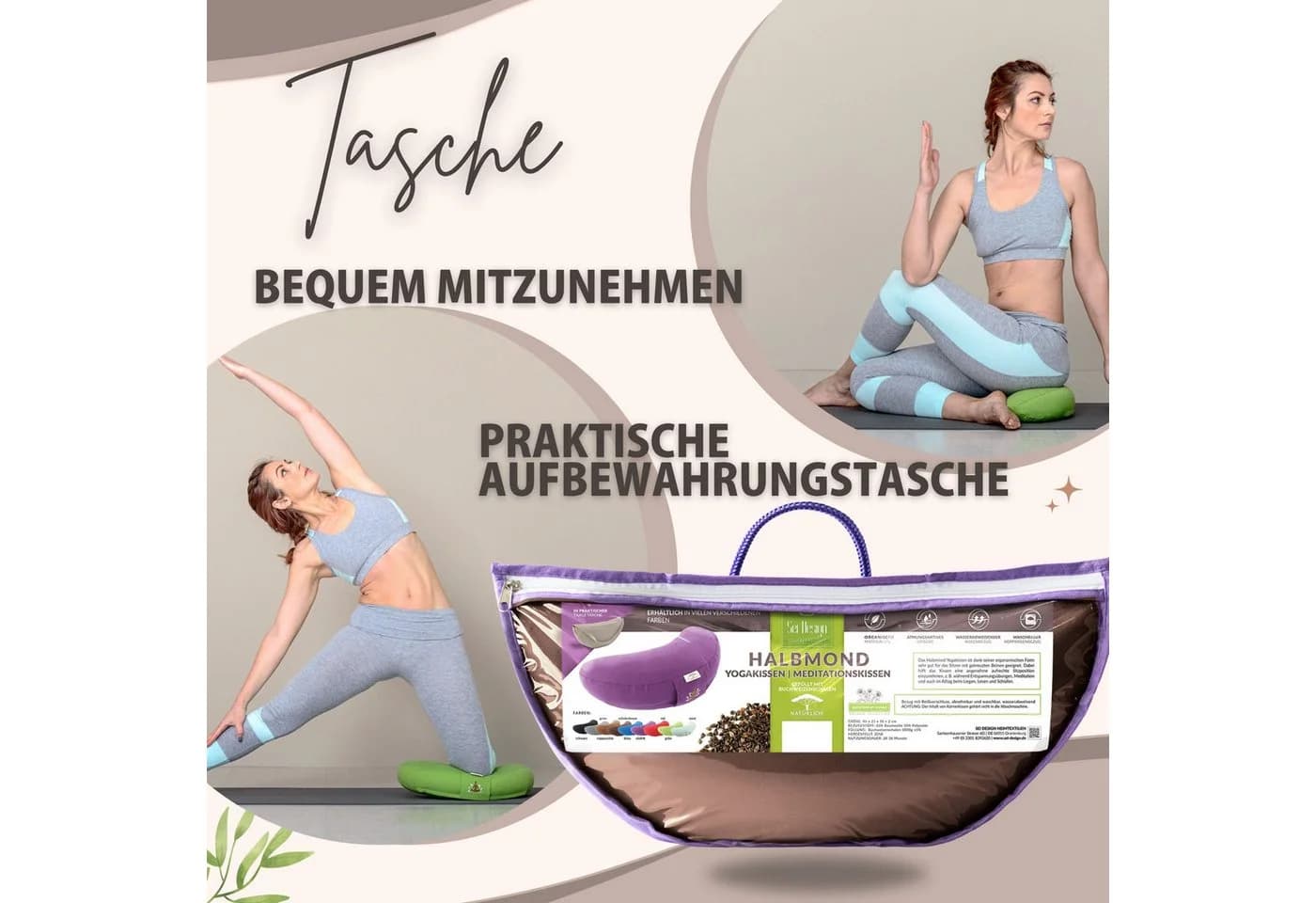 SEI Design Yogakissen Halbmond Grau Buchweizenschalen Füllung - Bild 5