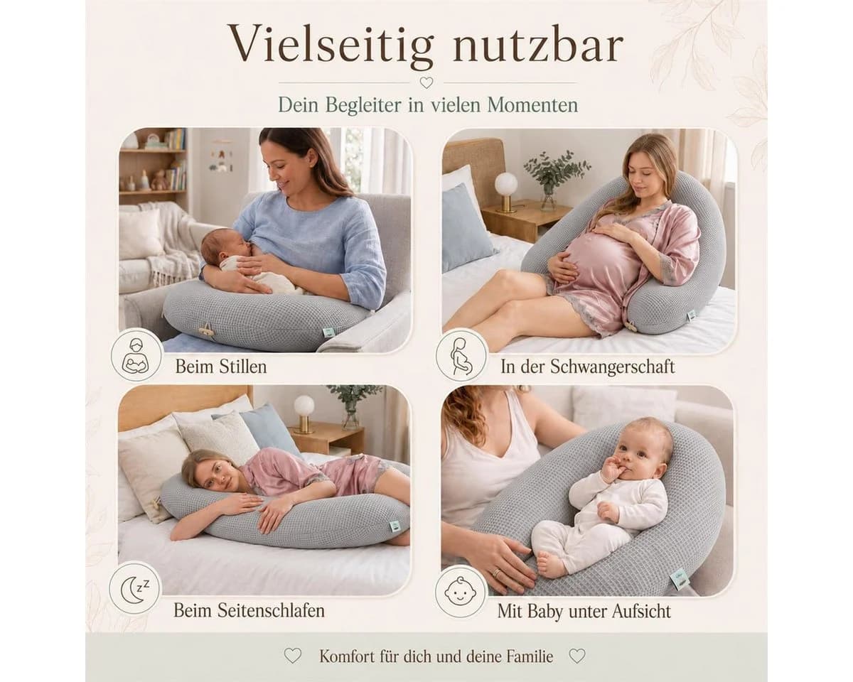 SEI Design Stillkissen XXL Ergonomisch Baumwollbezug Waffeljersey Grau