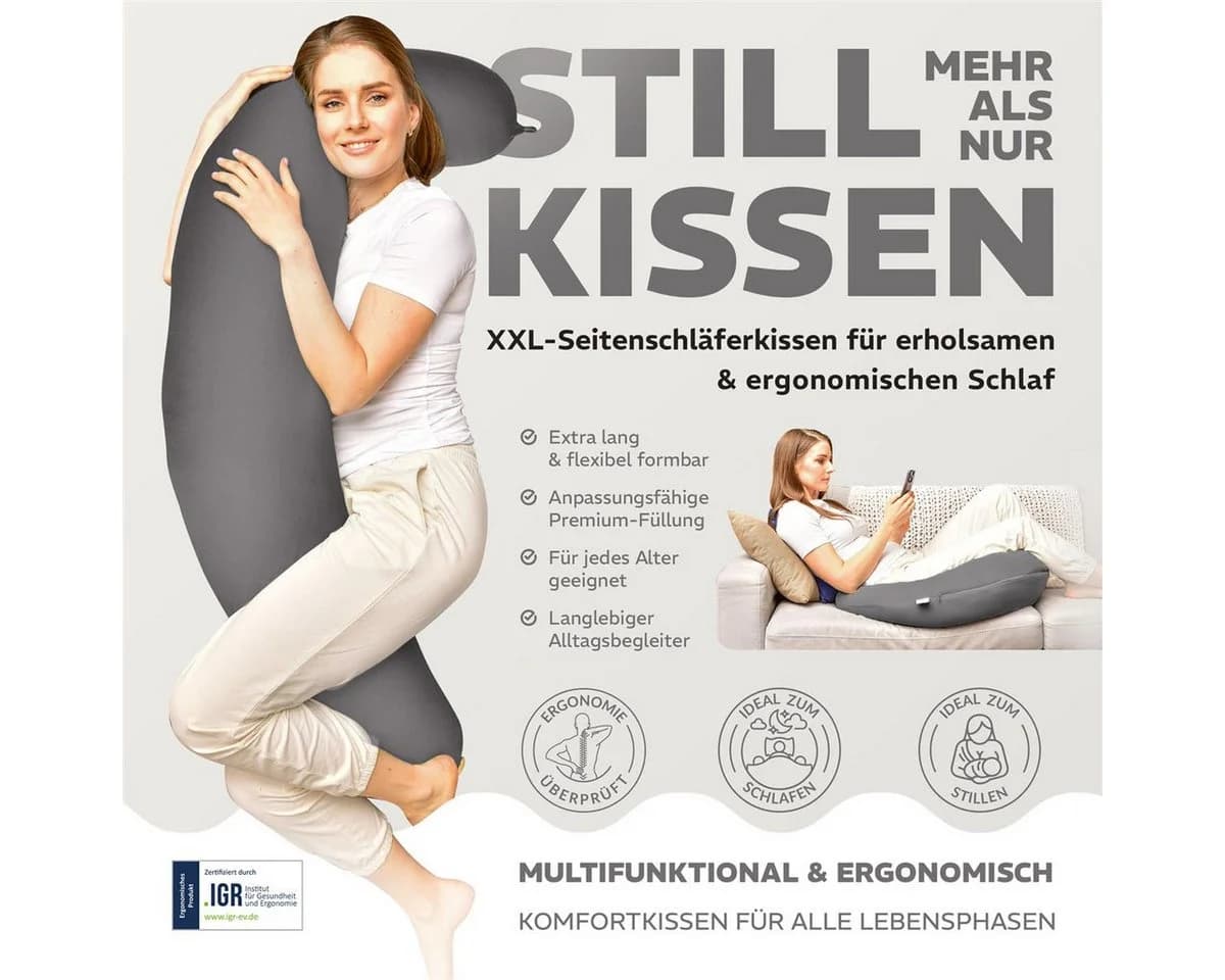 SEI Design Stillkissen Seitenschläferkissen XXL Grau