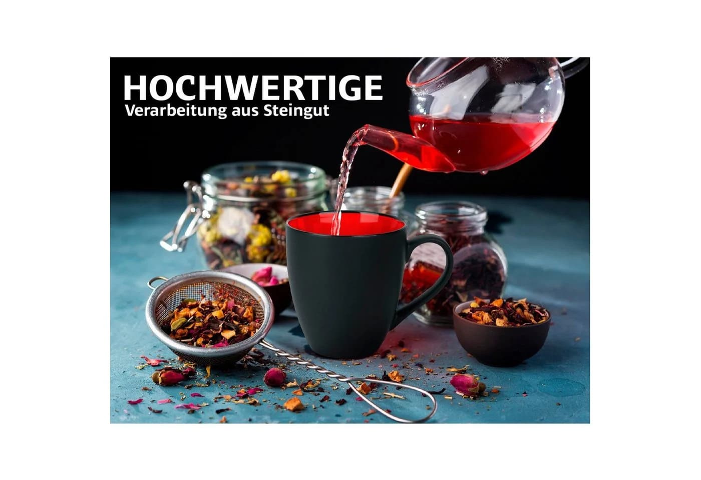 MiaMio Kaffeetassen Set 6x350ml Schwarz/Rot Steingut - Bild 3