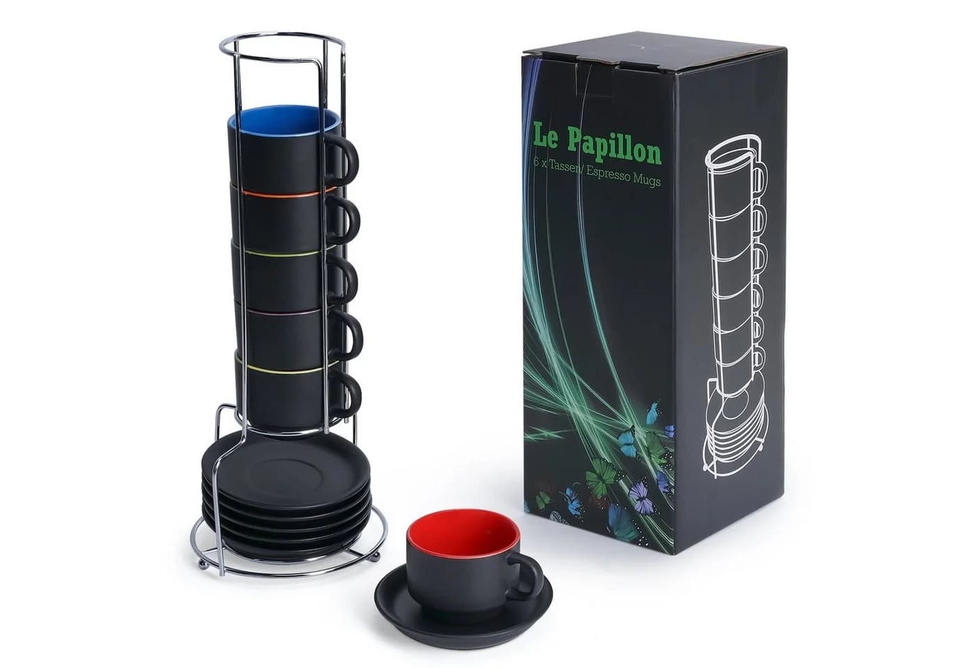 MiaMio Espressotassen Set Le Papillon 6-tlg. Schwarz/Bunt Steingut - Bild 2