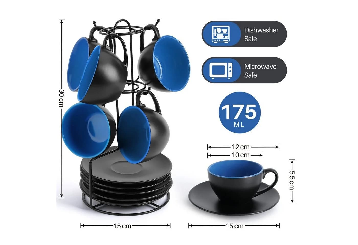 MiaMio Cappuccinotassen Set 6x175ml Schwarz/Bunt Steingut
