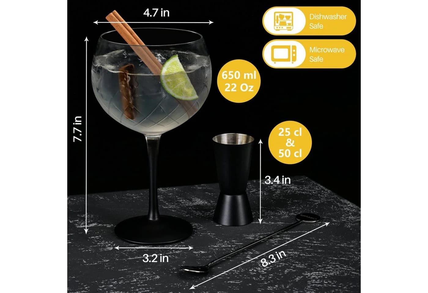 MiaMio Cocktailglas Crystaluna Gin Tonic 650 ml Schwarz 2-tlg.