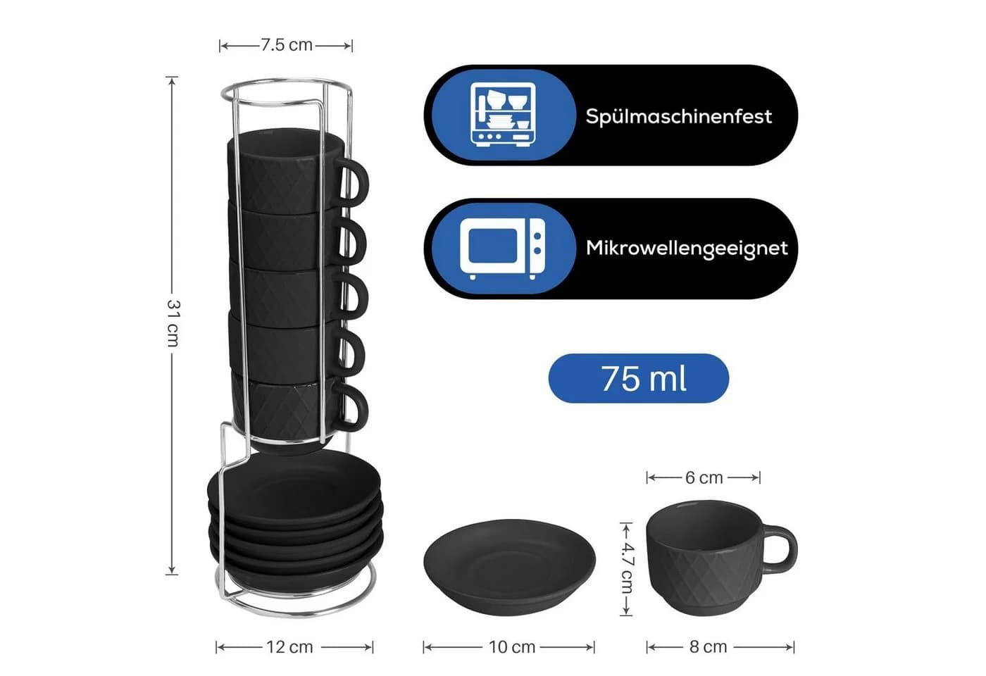MiaMio Espressotasse Palmanova Schwarz 6-tlg. Keramik - Bild 4