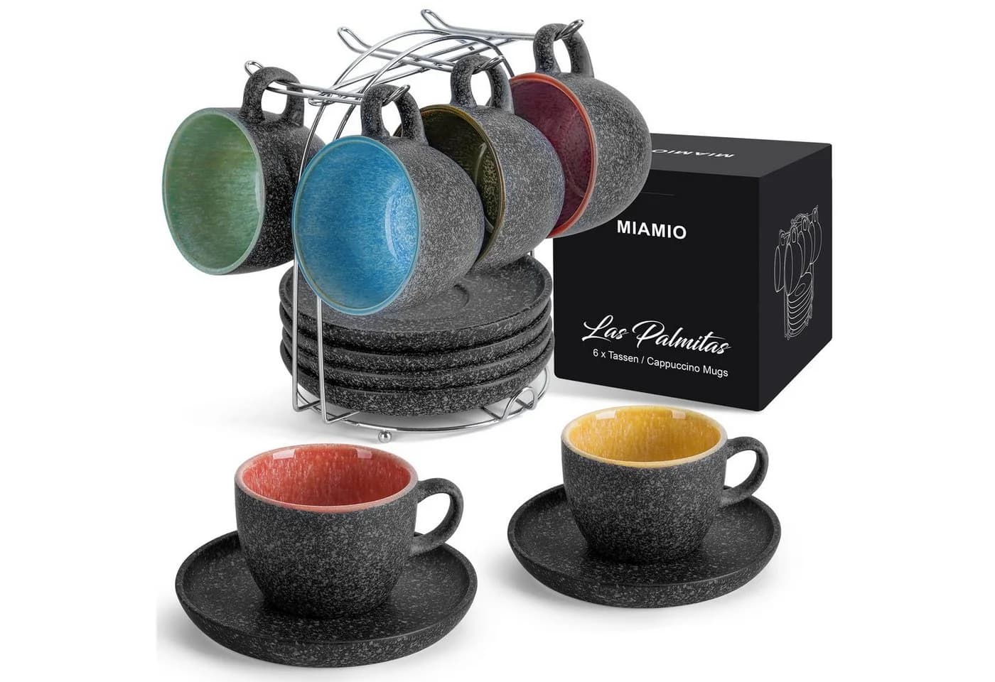 MiaMio Cappuccinotassen-Set 13-tlg. Grau Keramik mit Untertassen & Metallständer - Bild 2