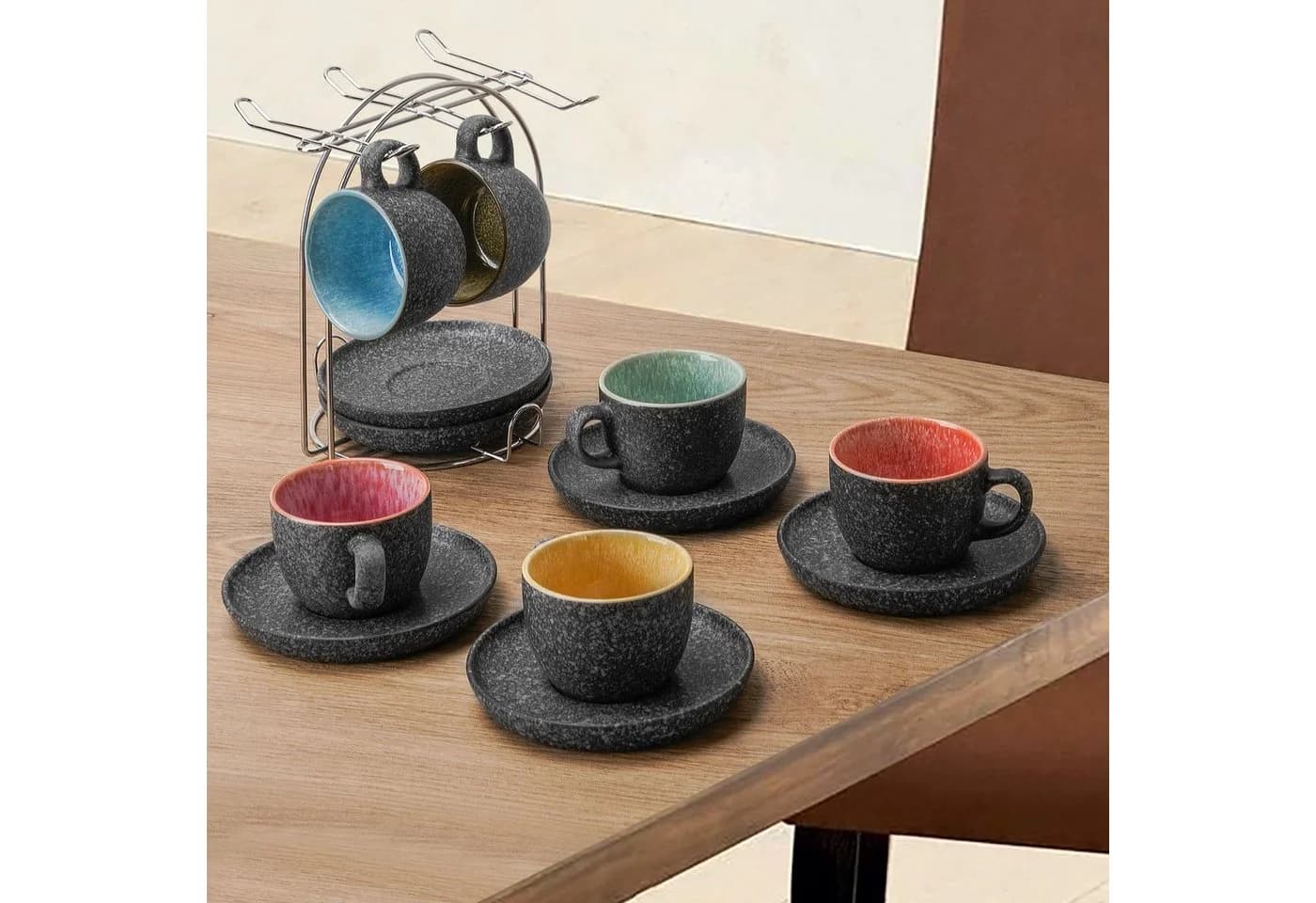 MiaMio Espressotassen-Set 6-tlg. Grau mit Untertassen & Metallständer - Bild 3