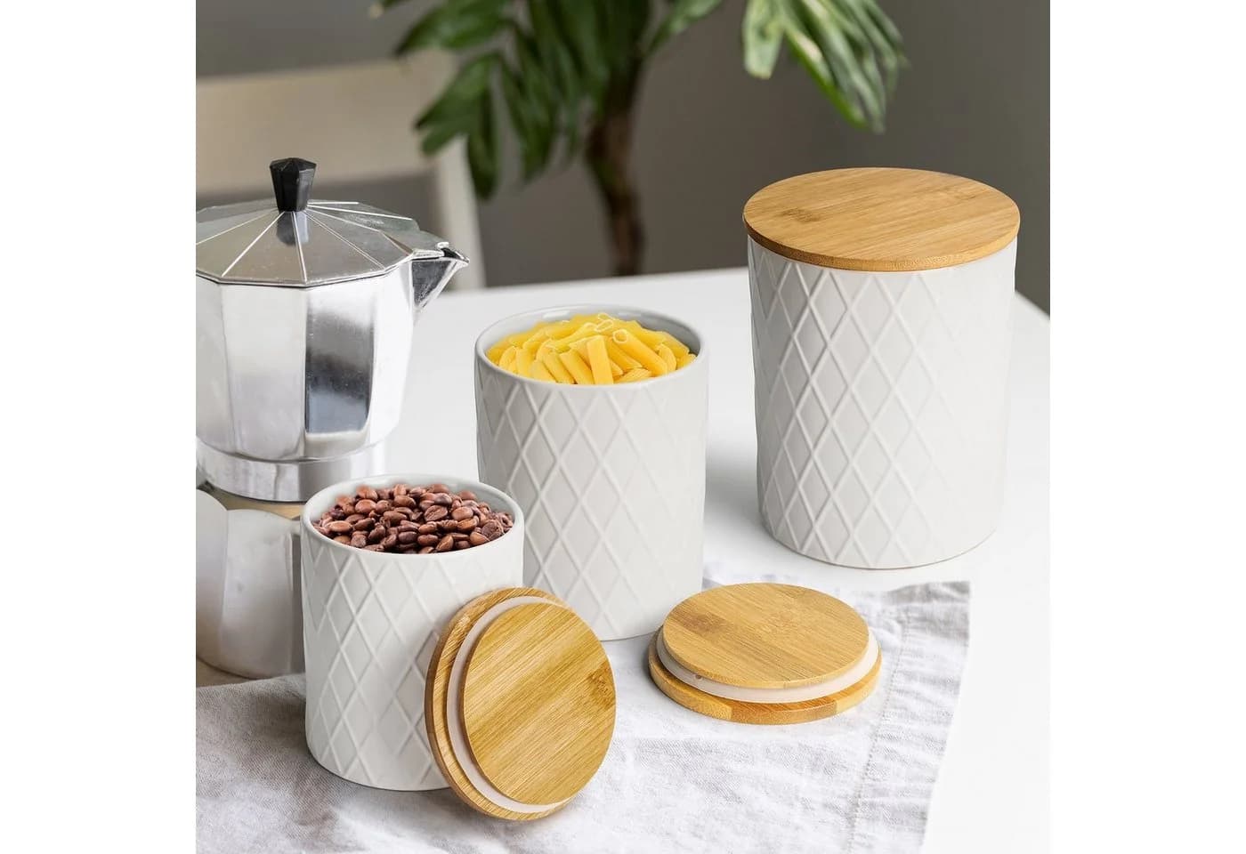 MiaMio Vorratsdose Palmanova Set 3-tlg. Keramik mit Holzdeckeln Weiß