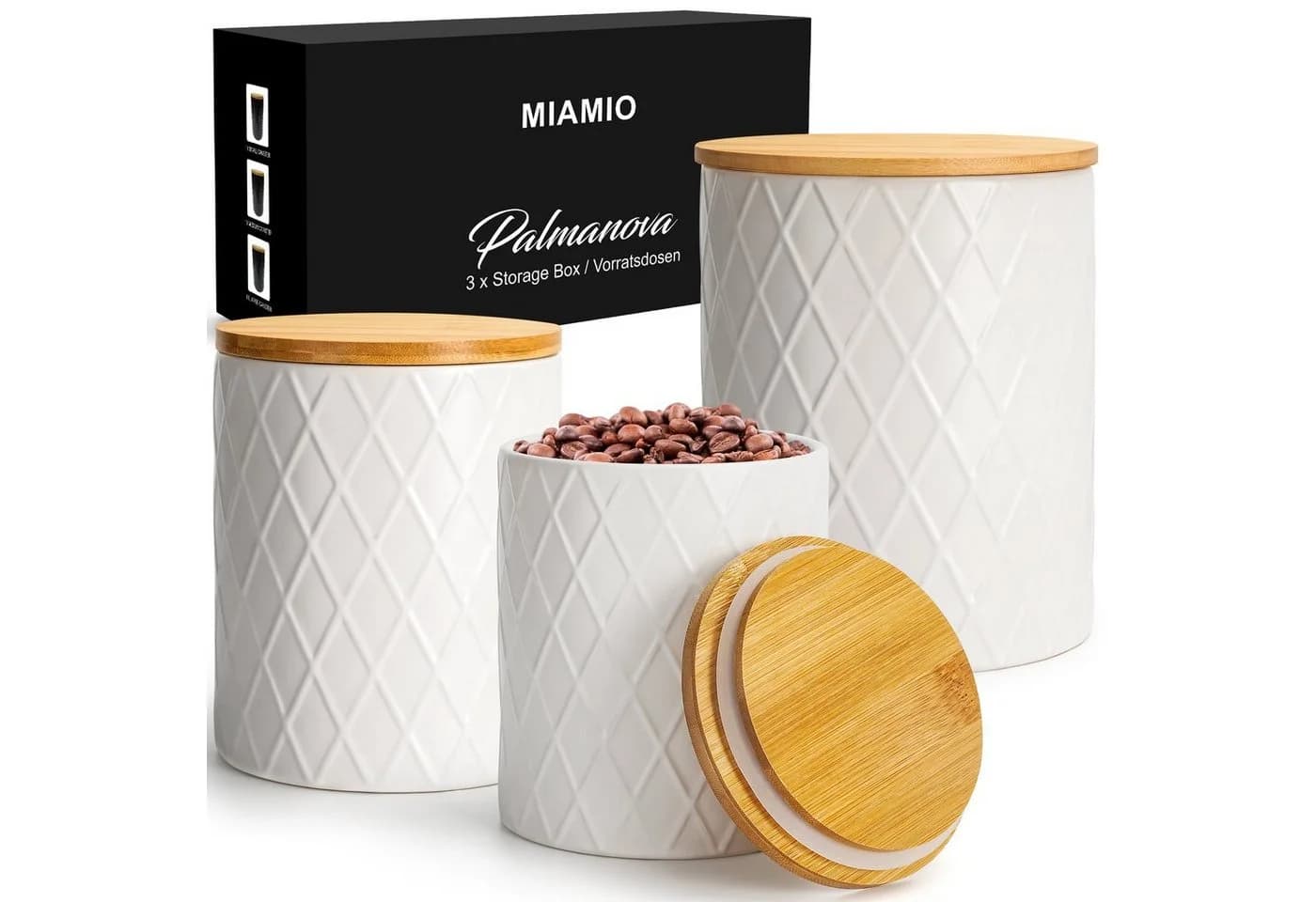 MiaMio Vorratsdose Palmanova Set 3-tlg. Keramik mit Holzdeckeln Weiß - Bild 2