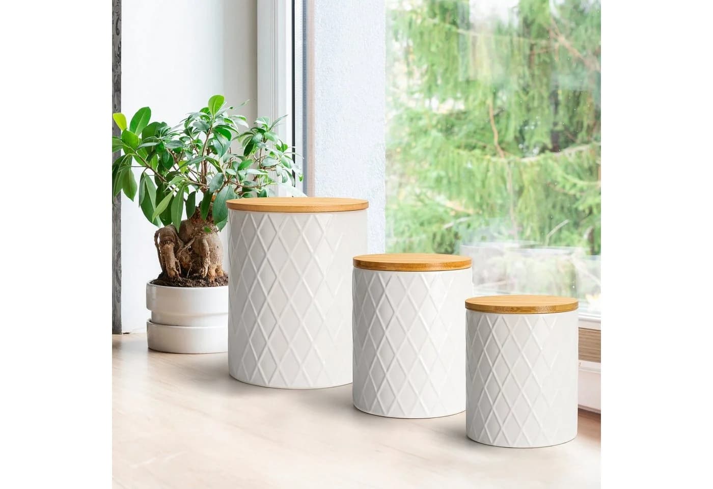 MiaMio Vorratsdose Palmanova Set 3-tlg. Keramik mit Holzdeckeln Weiß - Bild 3