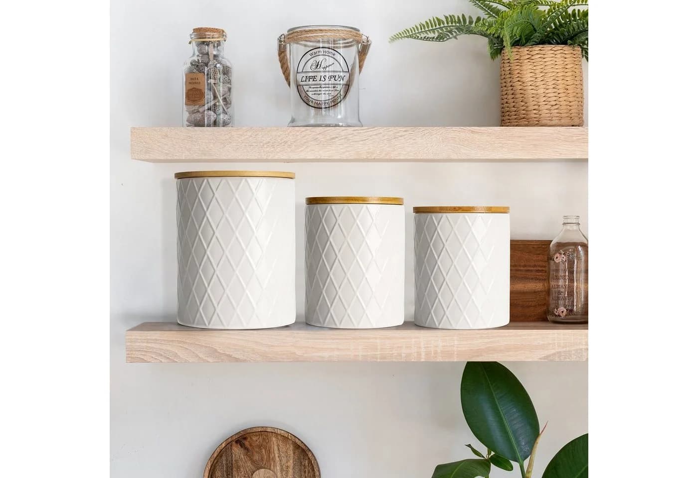 MiaMio Vorratsdose Palmanova Set 3-tlg. Keramik mit Holzdeckeln Weiß - Bild 4