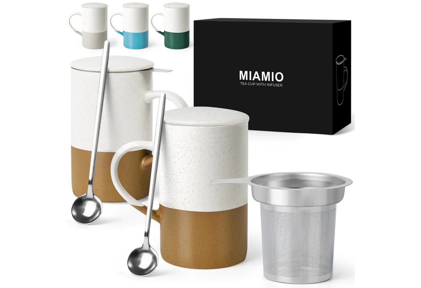 MiaMio Teetassen-Set 2-tlg. mit Sieb & Deckel, Keramik, Braun, 500 ml