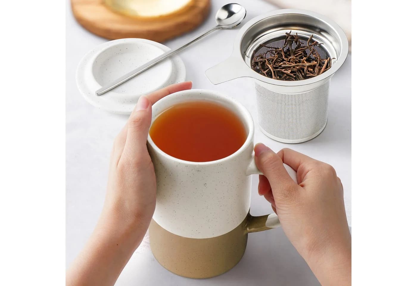 MiaMio Teetassen-Set 2-tlg. mit Sieb & Deckel, Keramik, Braun, 500 ml - Bild 3