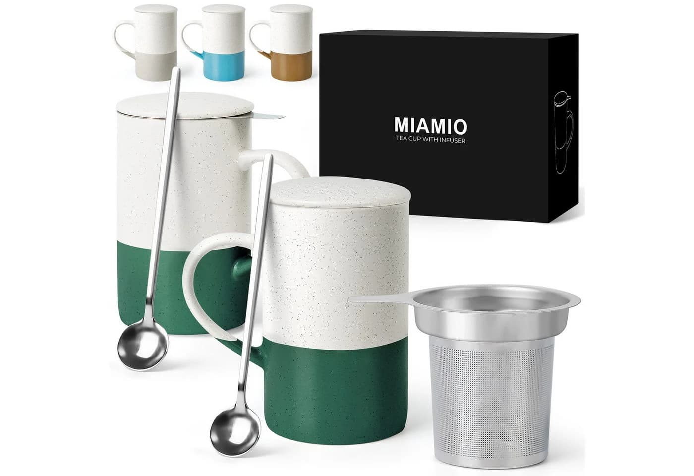 MiaMio Teetassen-Set 2-tlg. Dunkelgrün Keramik mit Sieb & Deckel